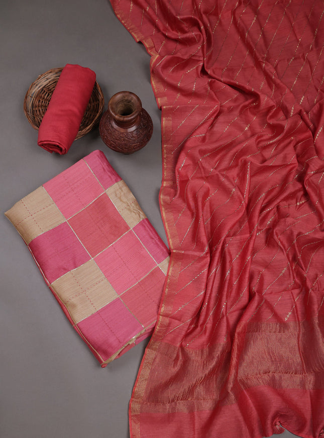 Dark Peach Tussar Embroidery Unstitched Suit