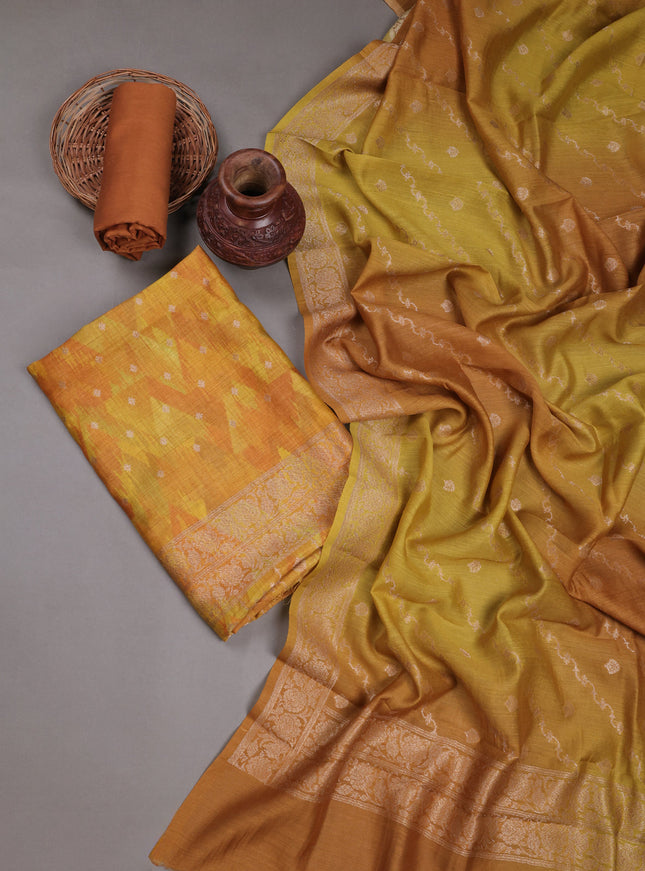 Dark Mustard Tussar Embroidery Unstitched Suit