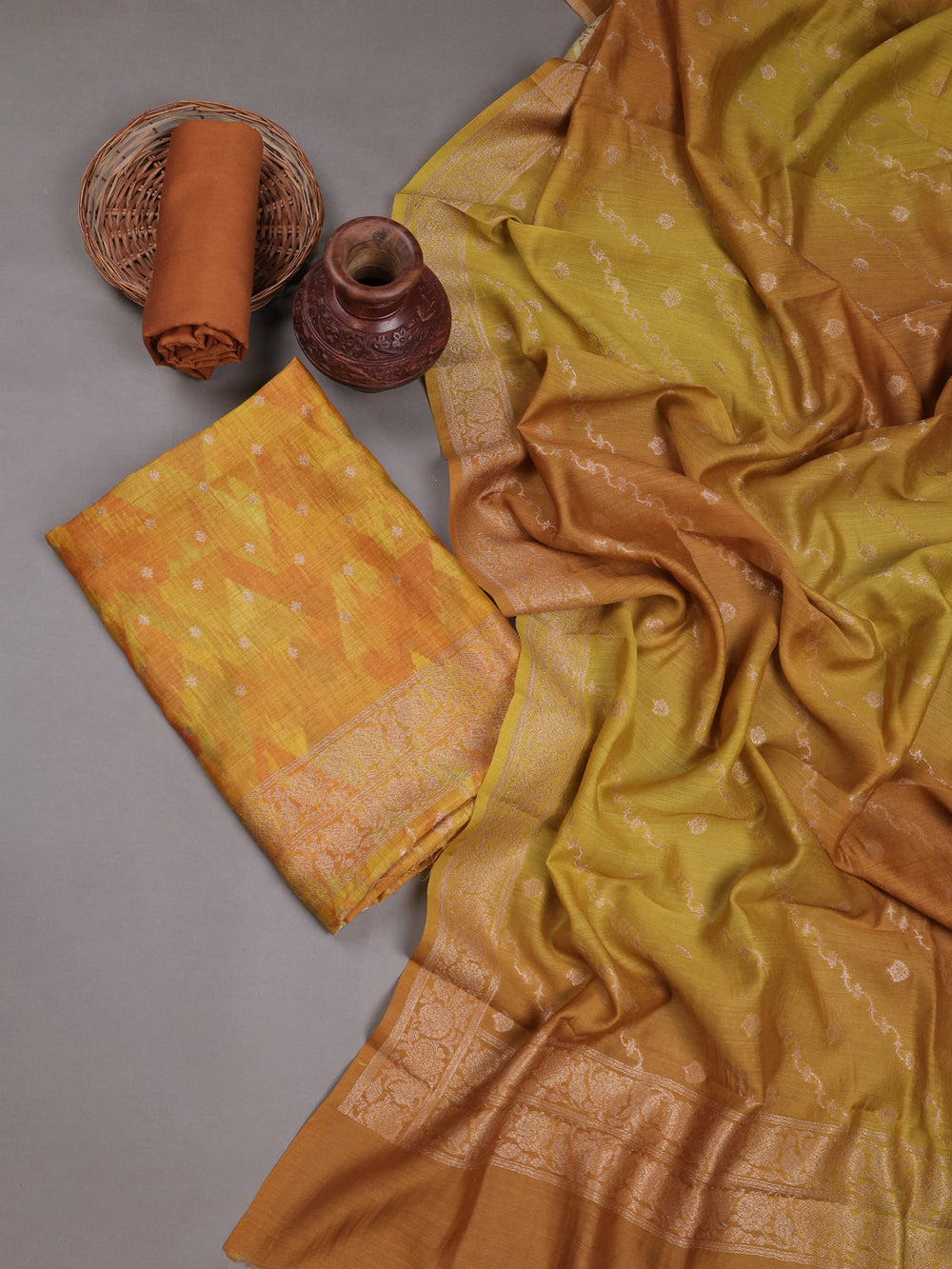 Dark Mustard Tussar Embroidery Unstitched Suit