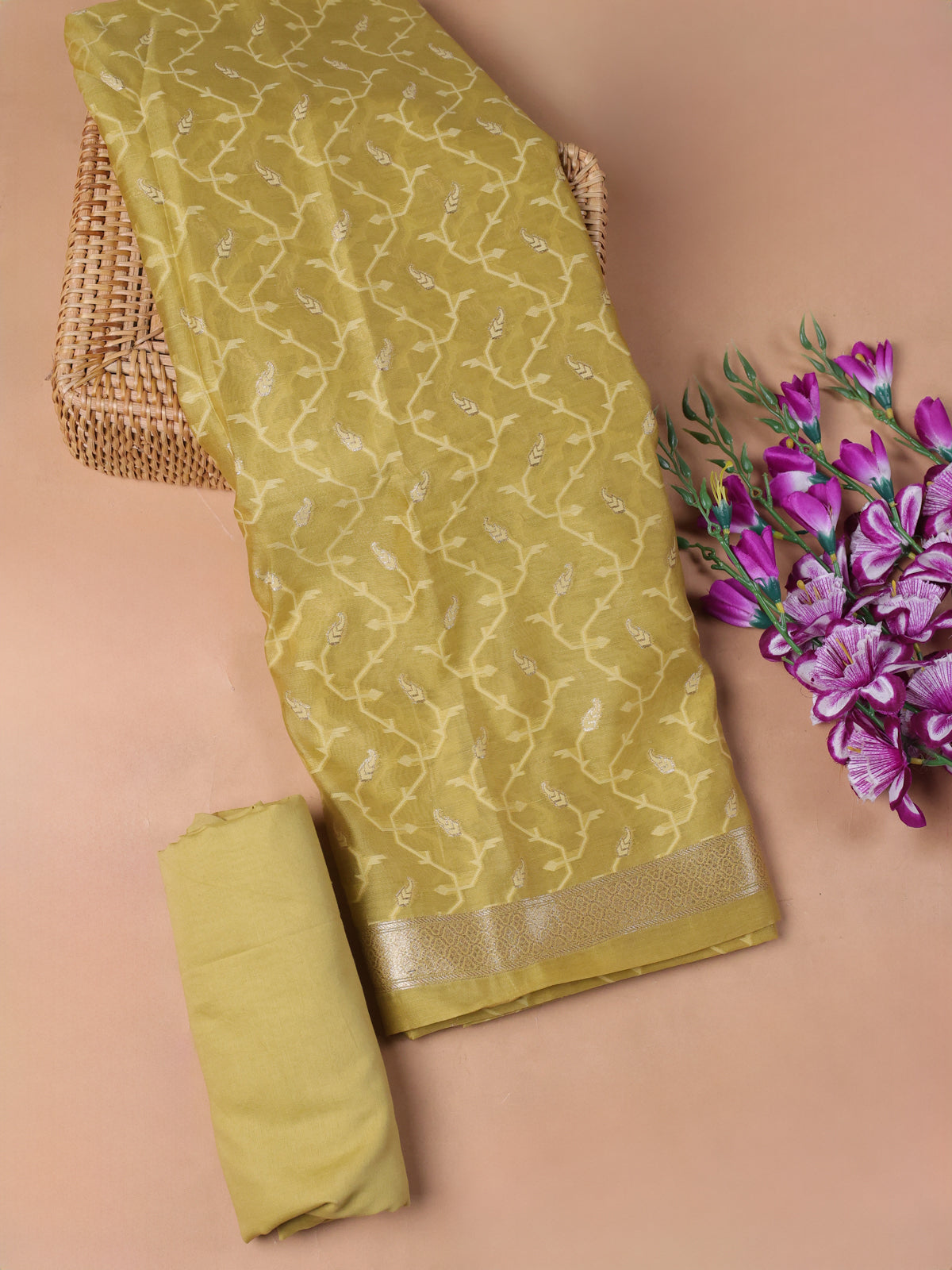 Yellow Chanderi Unstitched Suit