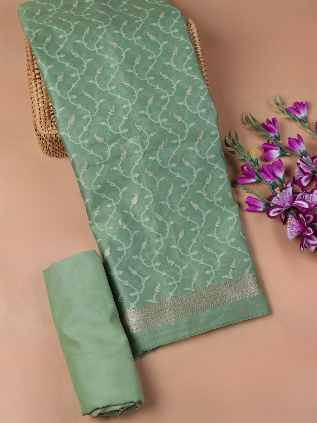Pastel Green Chanderi Unstitched Suit