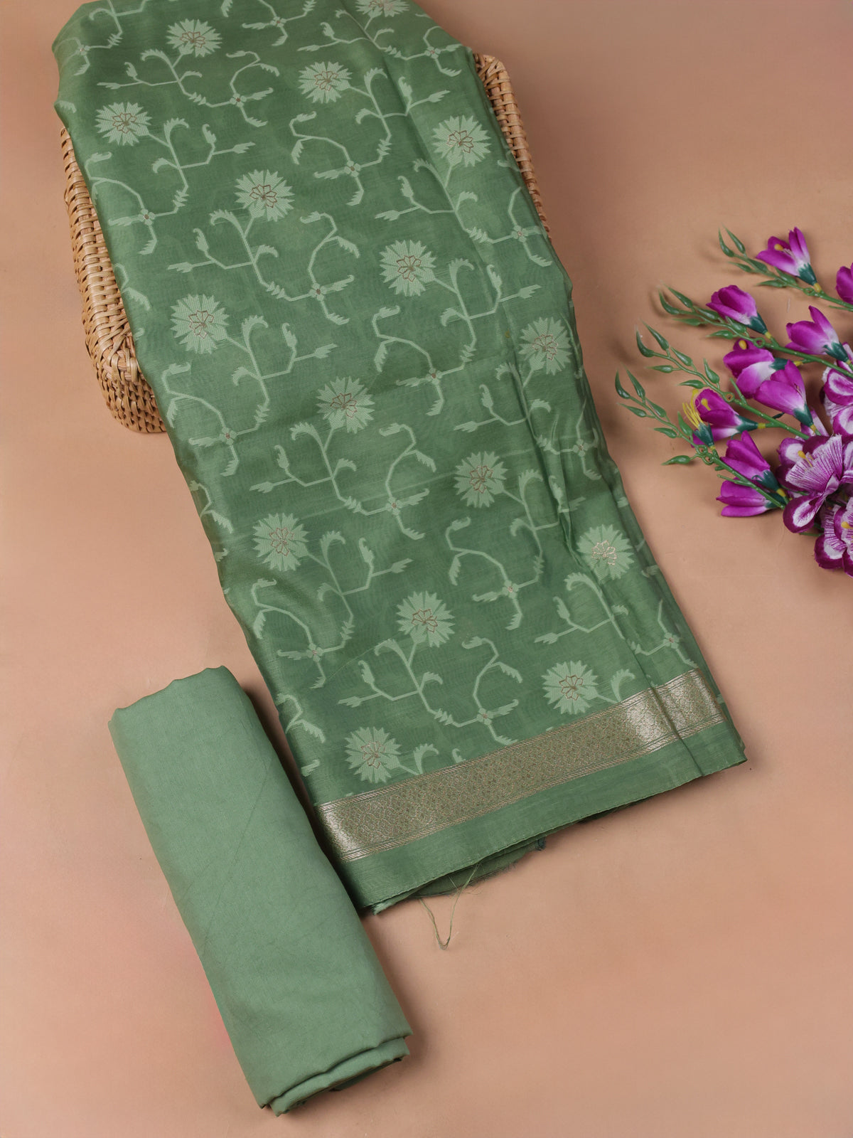 Green Chanderi Unstitched Suit