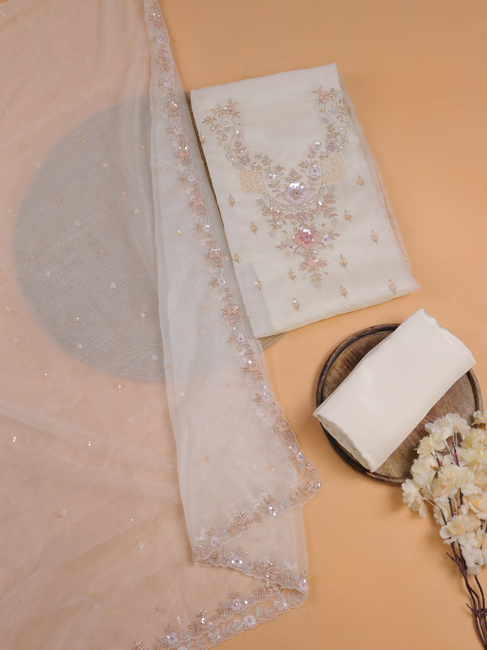 Off white Organza With Sequin Embroidery Unstichted Suit