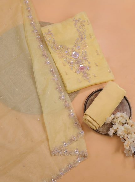 Pale Yellow Organza With Sequin Embroidery Unstichted Suit