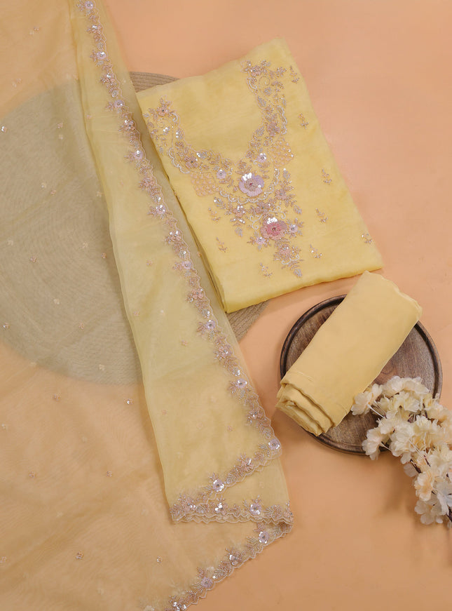 Pale Yellow Organza With Sequin Embroidery Unstichted Suit