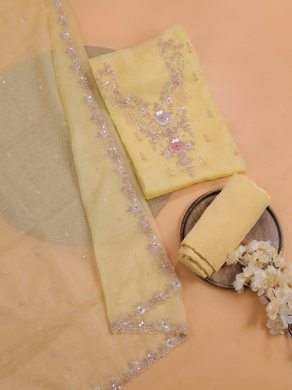 Pale Yellow Organza With Sequin Embroidery Unstichted Suit
