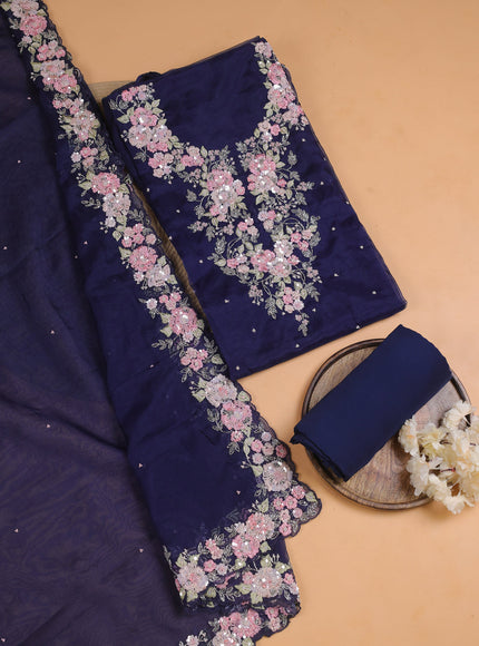 Navy Blue Organza With Sequin Embroidery Unstichted Suit