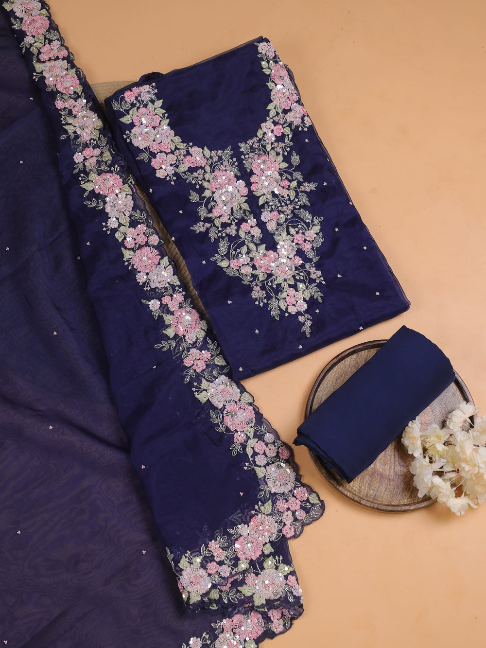 Navy Blue Organza With Sequin Embroidery Unstichted Suit