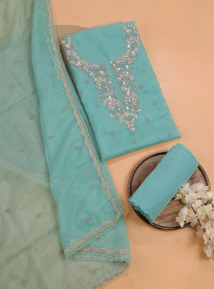 Mild Teal Green Organza With Sequin Embroidery Unstichted Suit