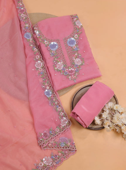 Mild Peach Pink Organza With Sequin Embroidery Unstichted Suit