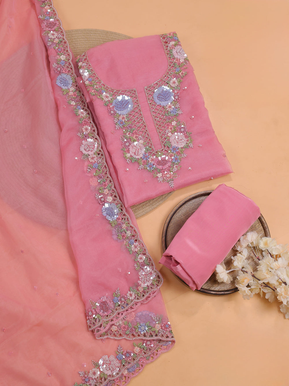 Mild Peach Pink Organza With Sequin Embroidery Unstichted Suit