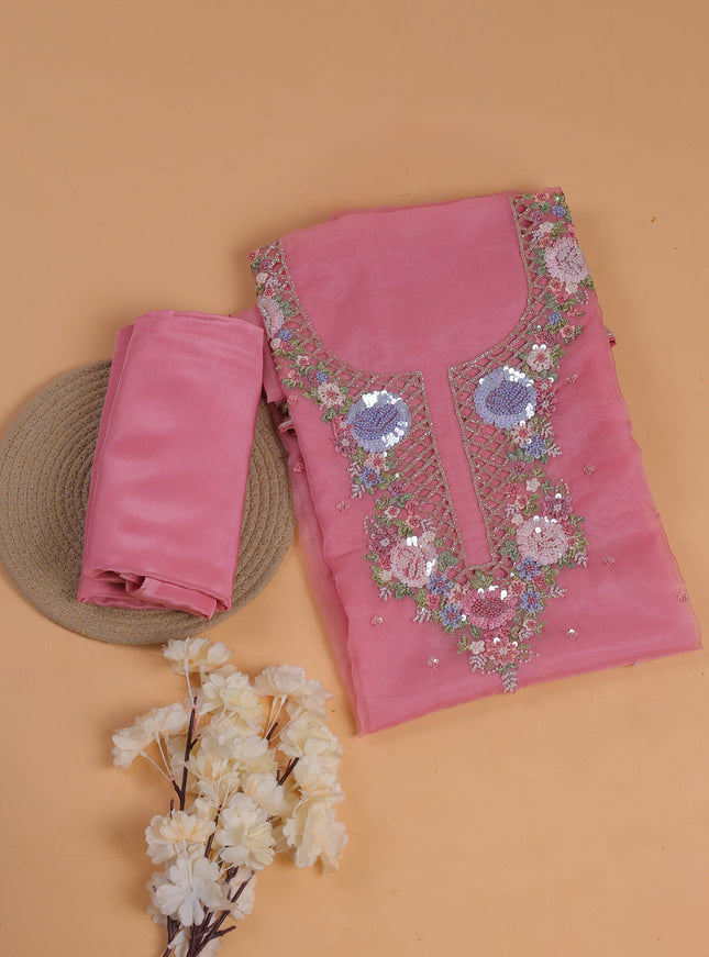 Mild Peach Pink Organza With Sequin Embroidery Unstichted Suit