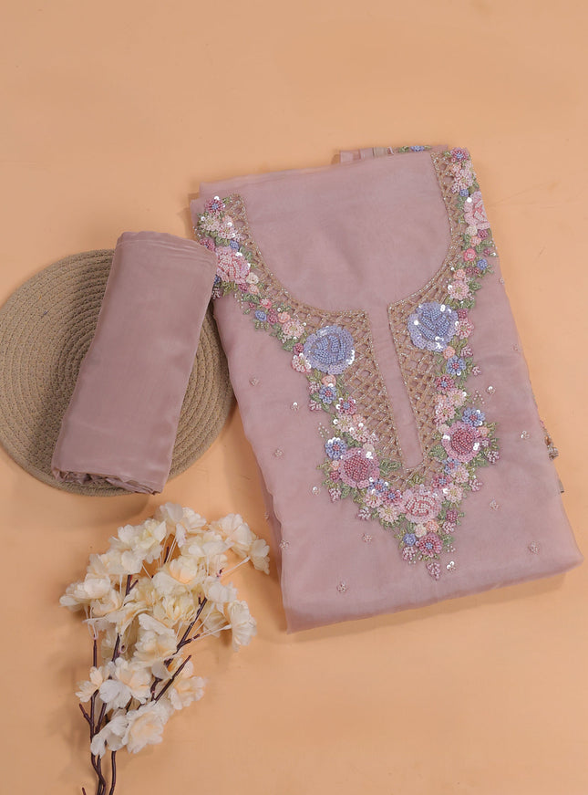 Beige Organza With Sequin Embroidery Unstichted Suit