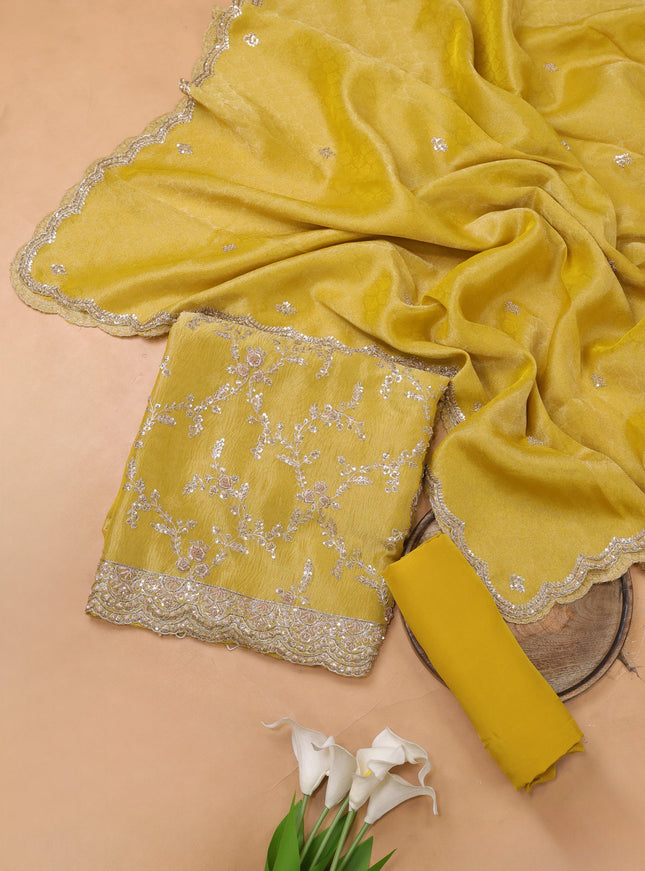 Yellow Tissue Organza Embroidery Unstitched Suit