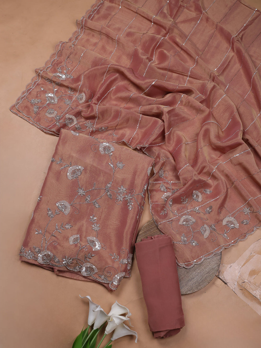 Peach Tissue Organza Embroidery Unstitched Suit