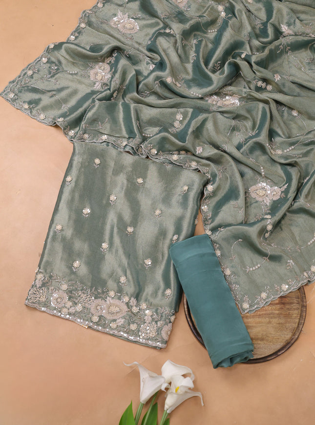 Teal Shade Tissue Organza Embroidery Unstitched Suit