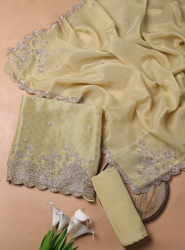 Pale yellow Tissue Organza Embroidery Unstitched Suit