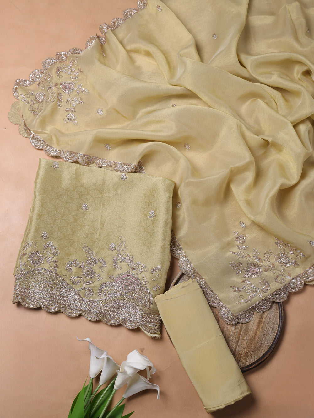 Pale yellow Tissue Organza Embroidery Unstitched Suit