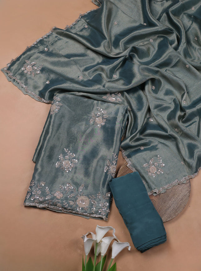 Teal Blue Tissue Organza Embroidery Unstitched Suit