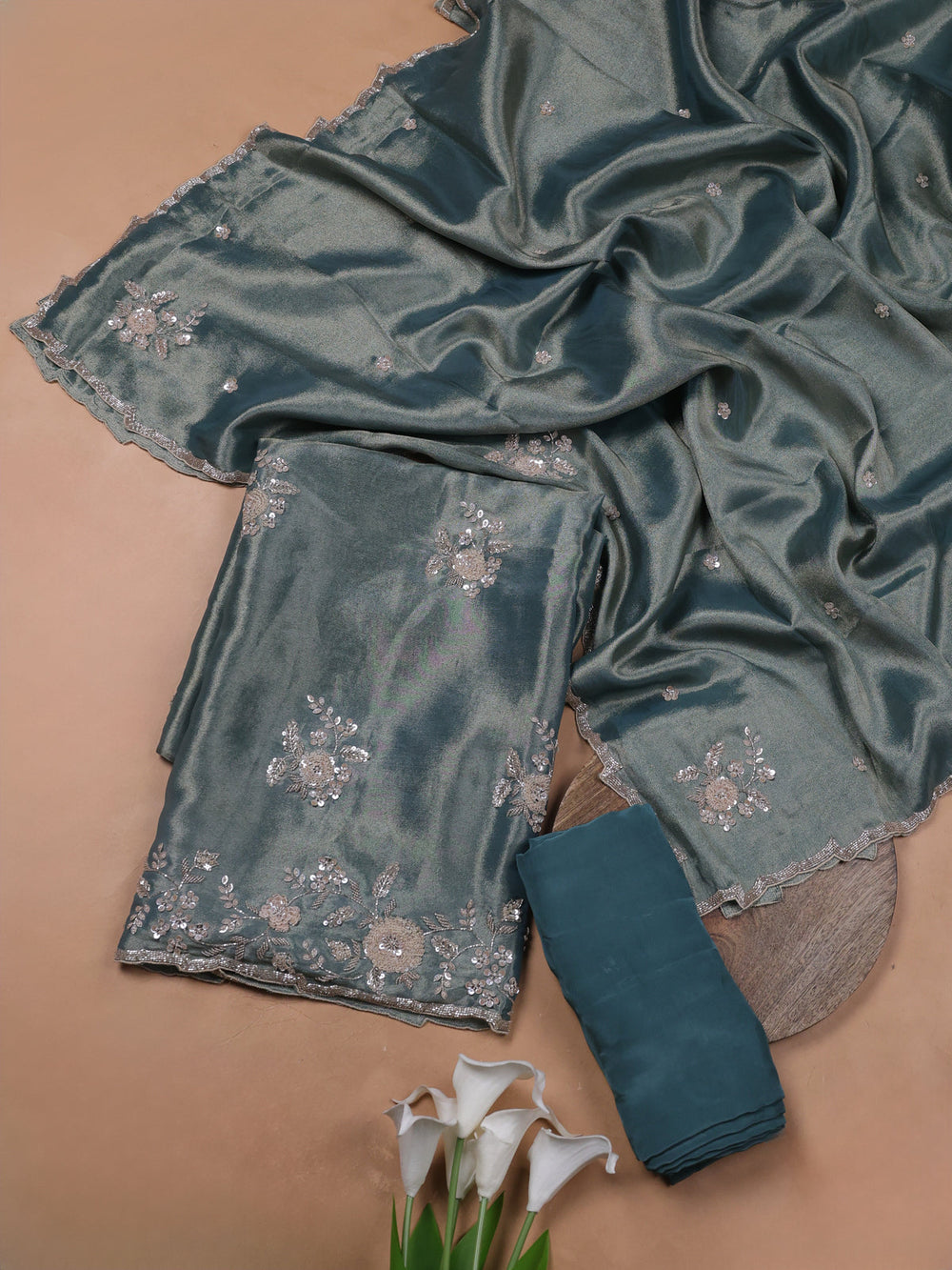 Teal Blue Tissue Organza Embroidery Unstitched Suit
